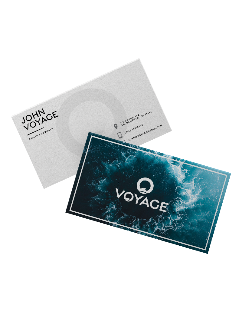 Voyage business cards — front and back, ocean key art and minimal type