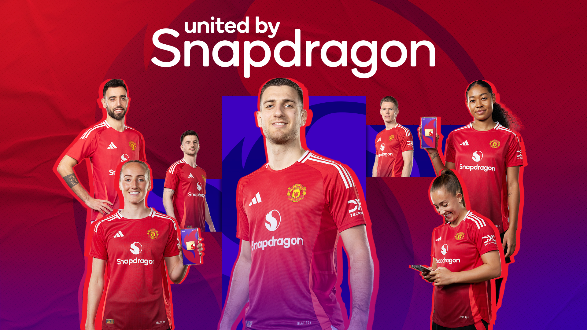 United by Snapdragon desktop wallpaper — Manchester United squad in Snapdragon kit on red and purple gradient