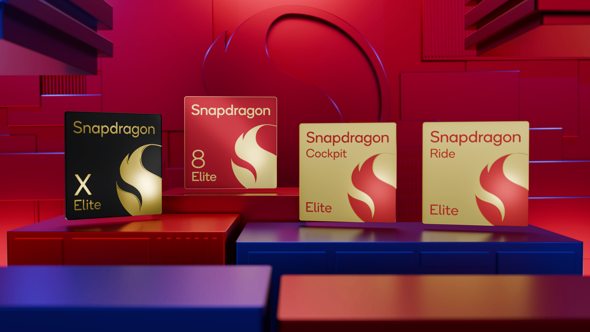 Snapdragon platform badge lineup featuring X Elite, 8 Elite, Cockpit Elite, and Ride Elite