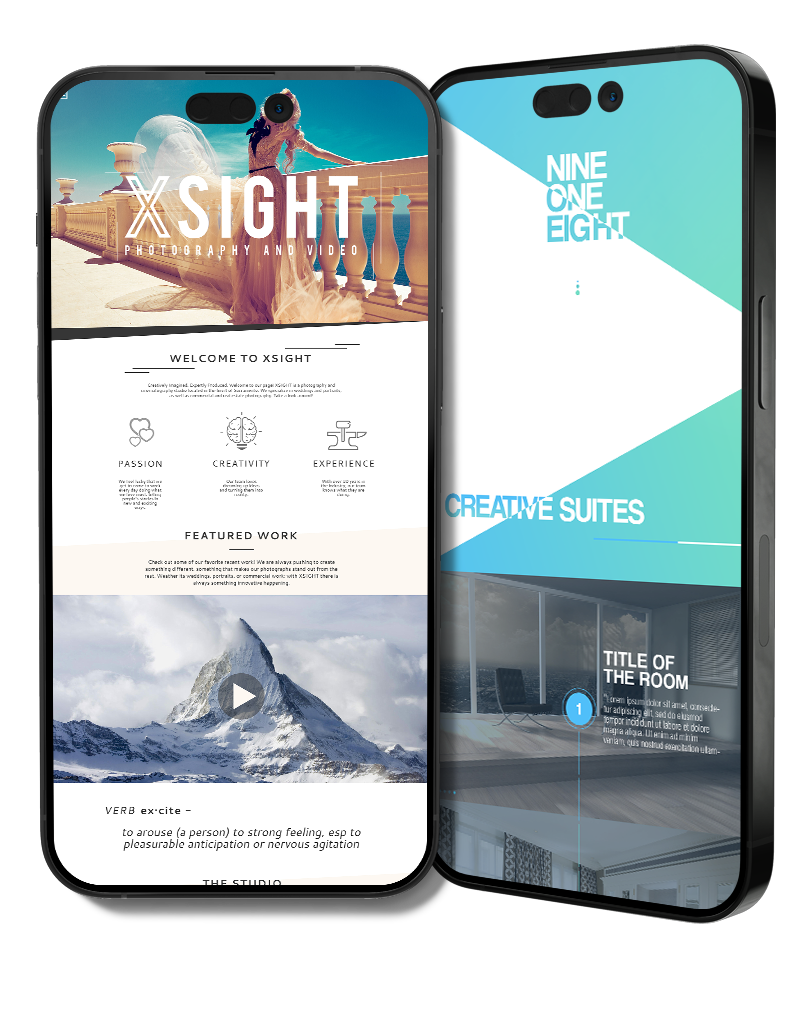 XSIGHT and Nine One Eight responsive websites on two iPhones