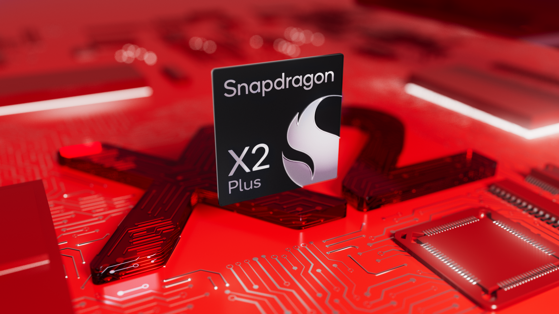 Snapdragon X2 Plus chip badge suspended above a red circuit-board environment