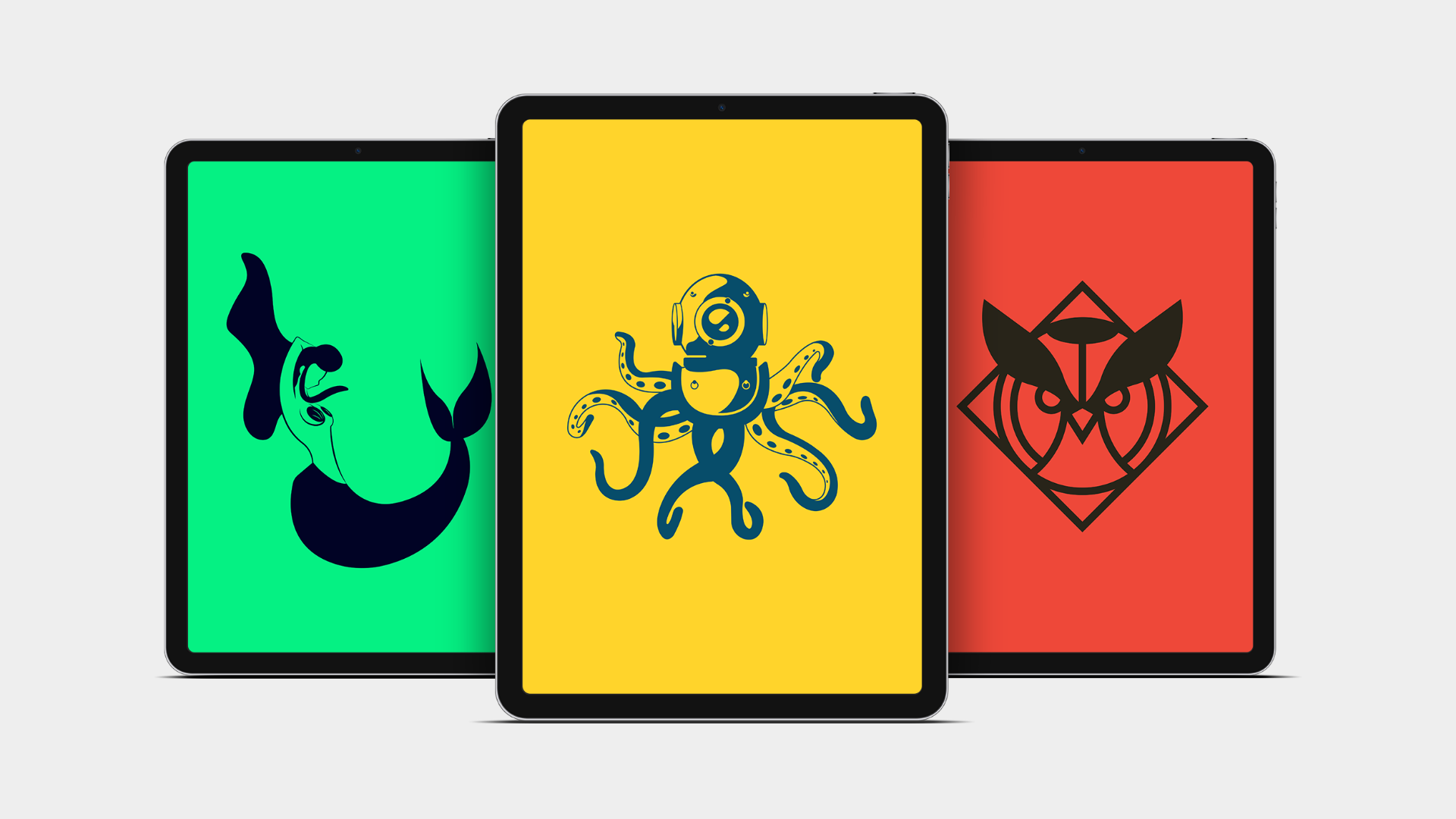Three iPads displaying bold brand mark illustrations — narwhal, diver octopus, and owl — against a soft gray background