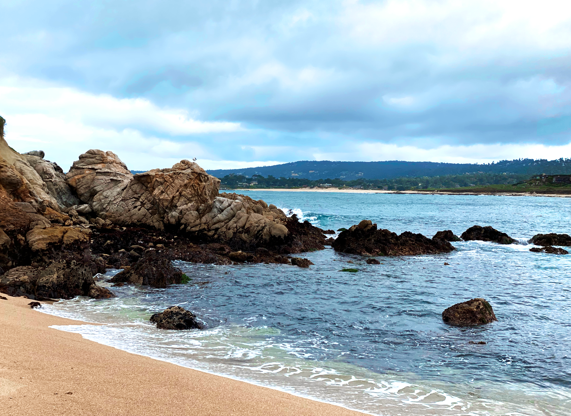 Rocky cove with dark tidal stone and pale surf under a soft blue-gray sky at Sea Ranch