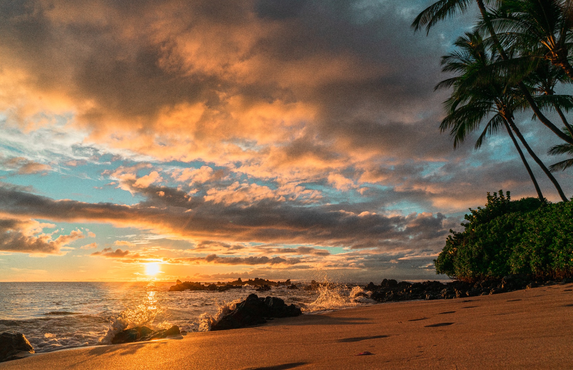 Golden hour at a Maui beach with palms silhouetted against an orange and blue cloud-streaked sky
