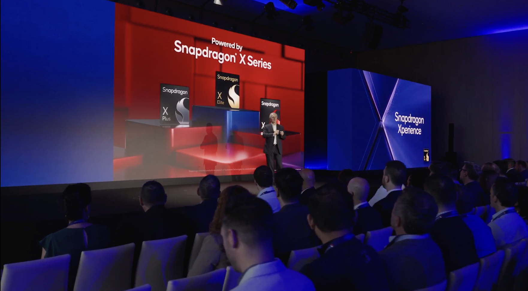 Powered by Snapdragon X Series — X Series key art on the main stage at Snapdragon Summit during the keynote