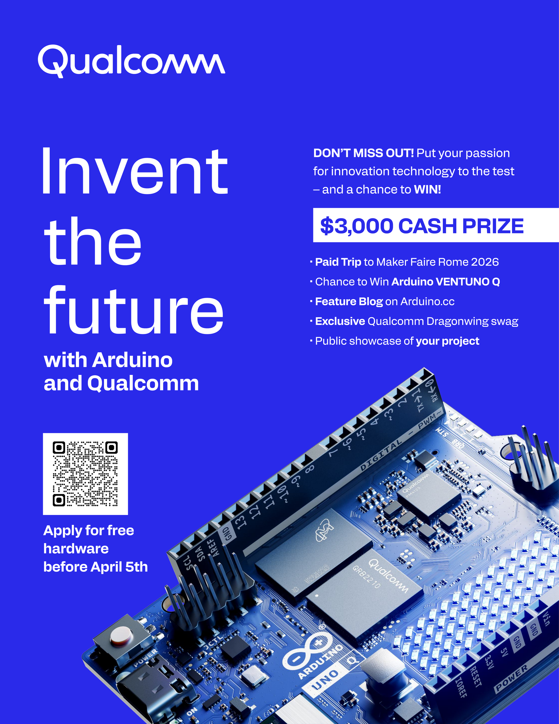 Qualcomm × Arduino Invent the Future poster — blue print ad featuring an Arduino board with Qualcomm Dragonwing chip