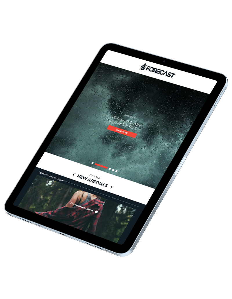 Forecast e-commerce site on iPad — rain-blurred hero and product grid