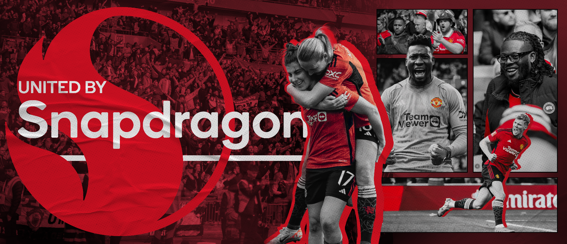 United by Snapdragon — Manchester United campaign key art with players and fans over a red Snapdragon mark
