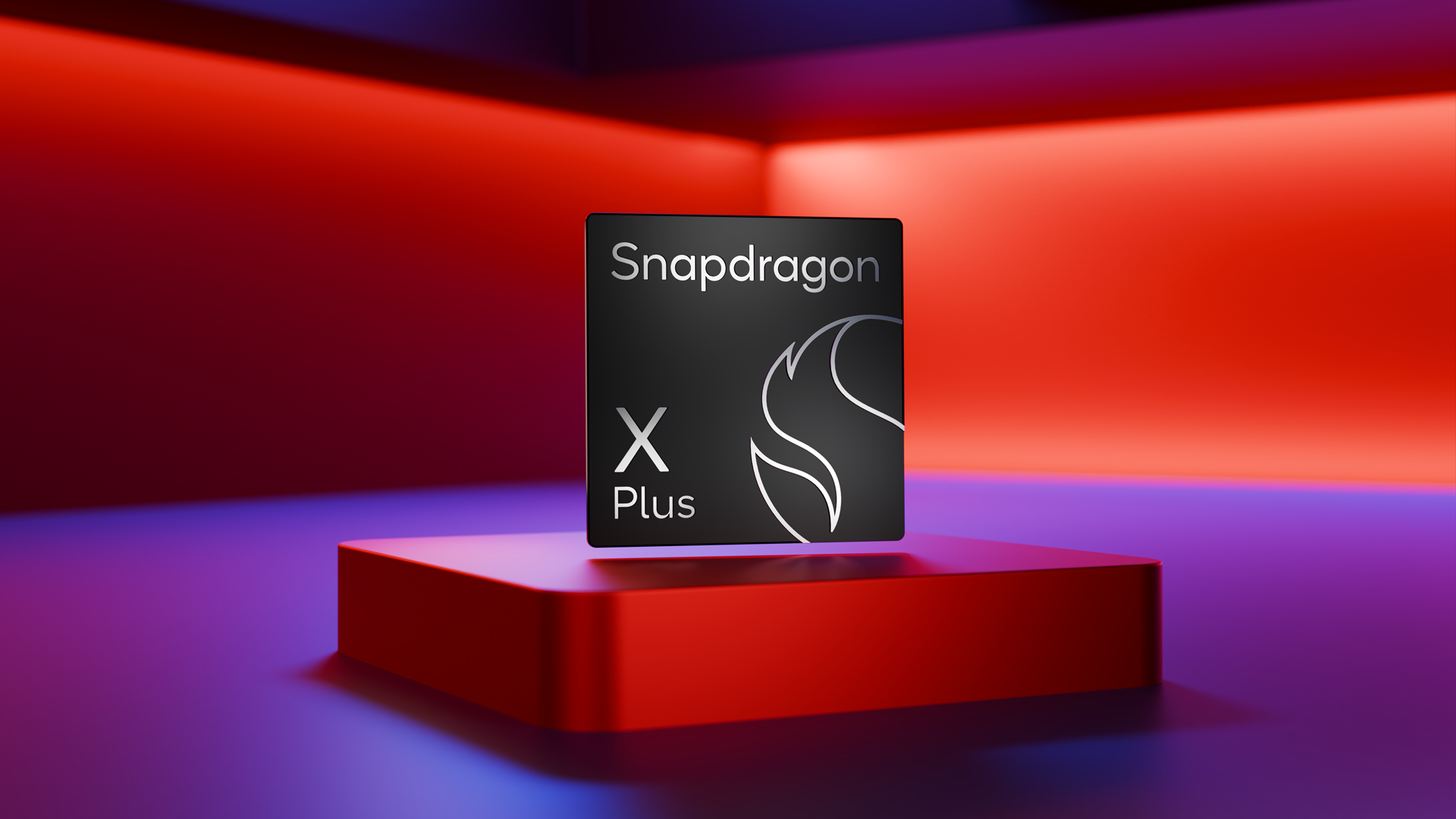 Snapdragon X Plus 8-core chip badge on a red pedestal with red and blue studio lighting