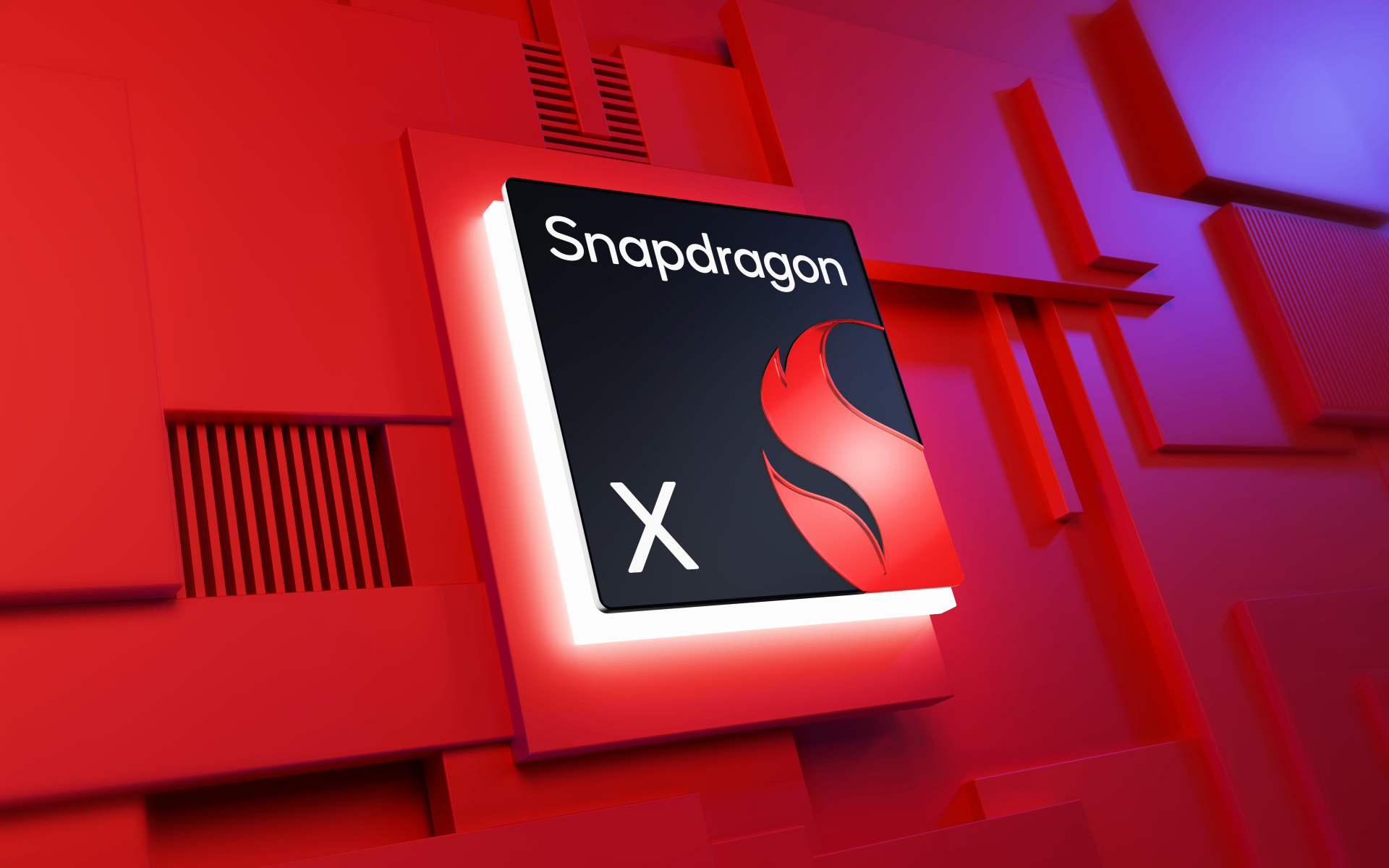 Snapdragon X badge mock with illuminated red emblem on a geometric wall