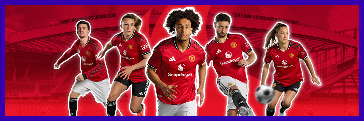 Manchester United × Snapdragon social header — five players in Snapdragon kit composed across a wide red stadium banner