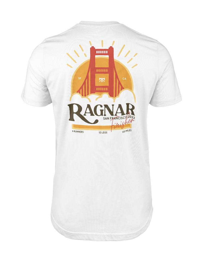 Ragnar San Francisco 2022 finisher tee — Golden Gate Bridge illustration on white