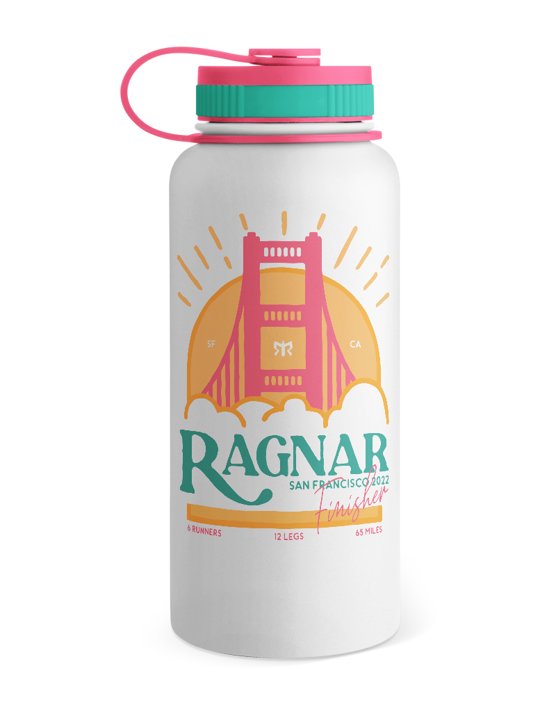 Ragnar San Francisco 2022 finisher water bottle — pink and teal colorway