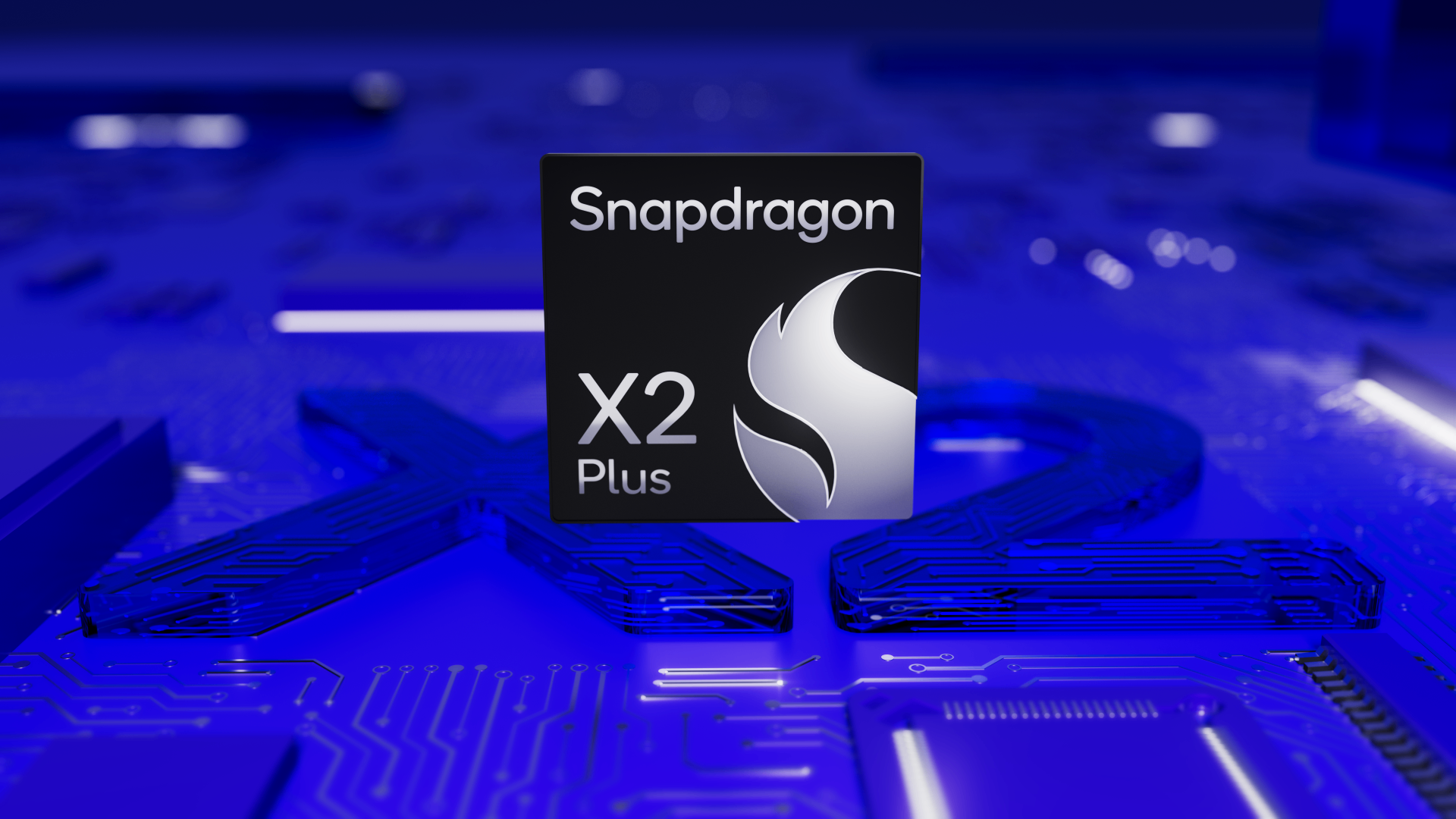 Snapdragon X2 Plus chip badge suspended above a blue circuit-board environment