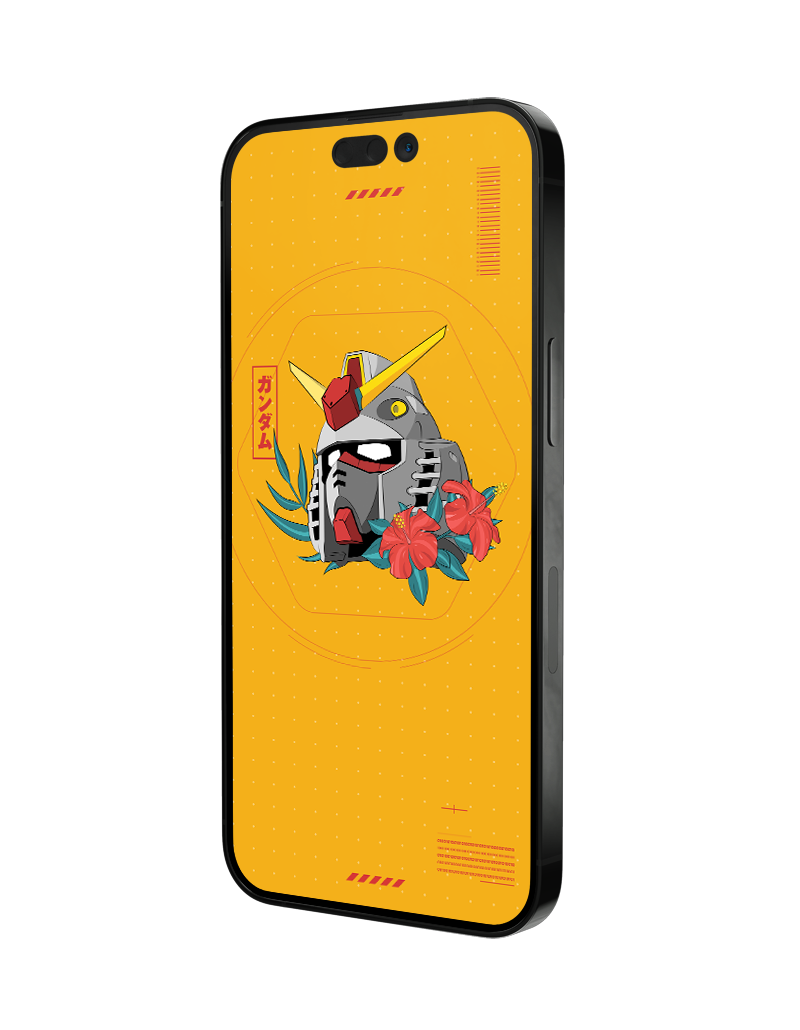 Tropical Gundam illustration shown as iPhone wallpaper on yellow