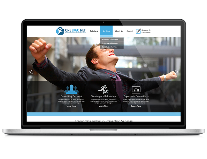 One Ergo Net responsive website mocked up on an iMac
