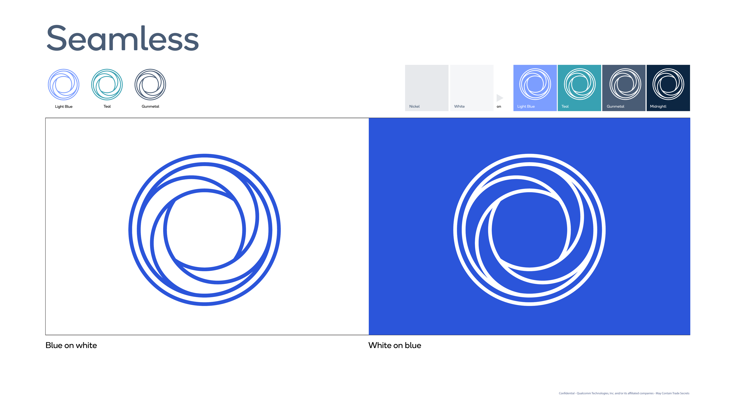 Qualcomm Seamless icon system — blue colorway with Light Blue, Teal, and Gunmetal variants on white and blue backgrounds