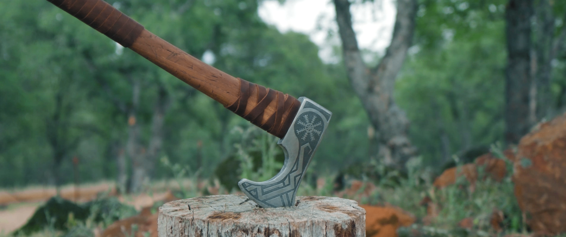 Axe embedded in a tree stump in a green forest setting