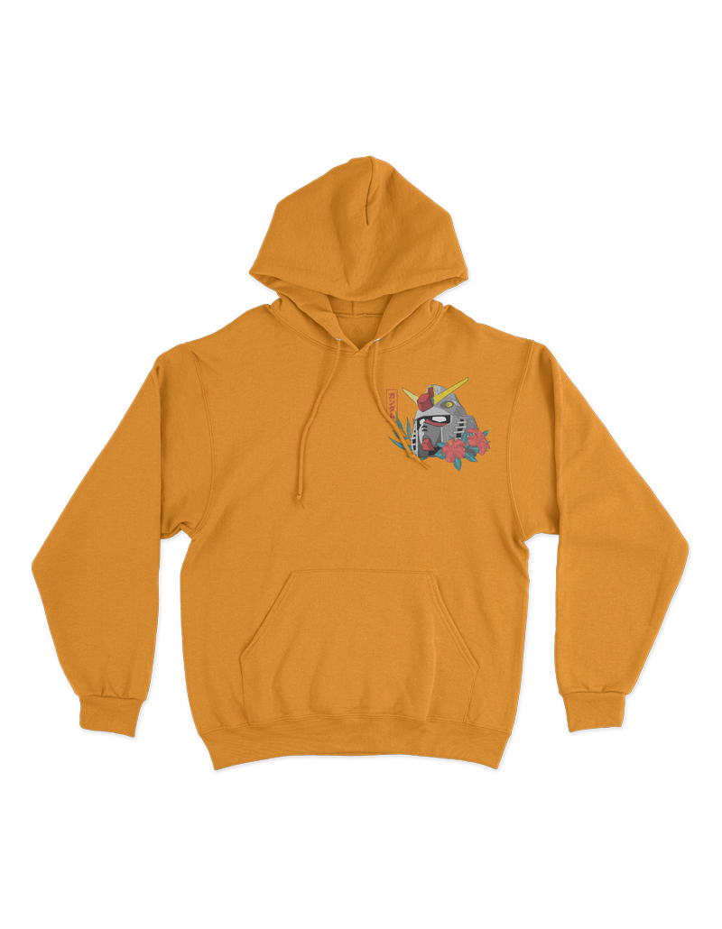 Tropical Gundam embroidered chest hit on a mustard pullover hoodie