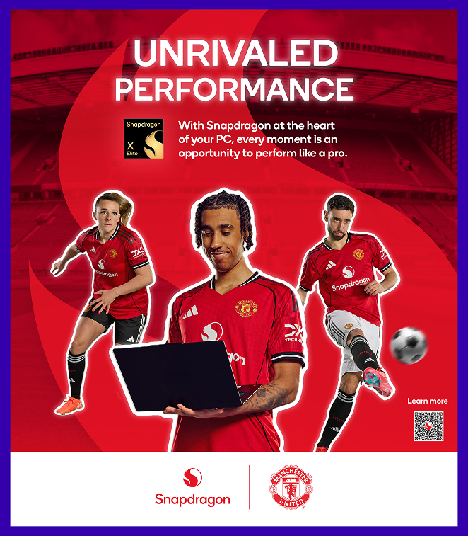 United Review print ad — evergreen Snapdragon × Manchester United matchday programme ad featuring Unrivaled Performance