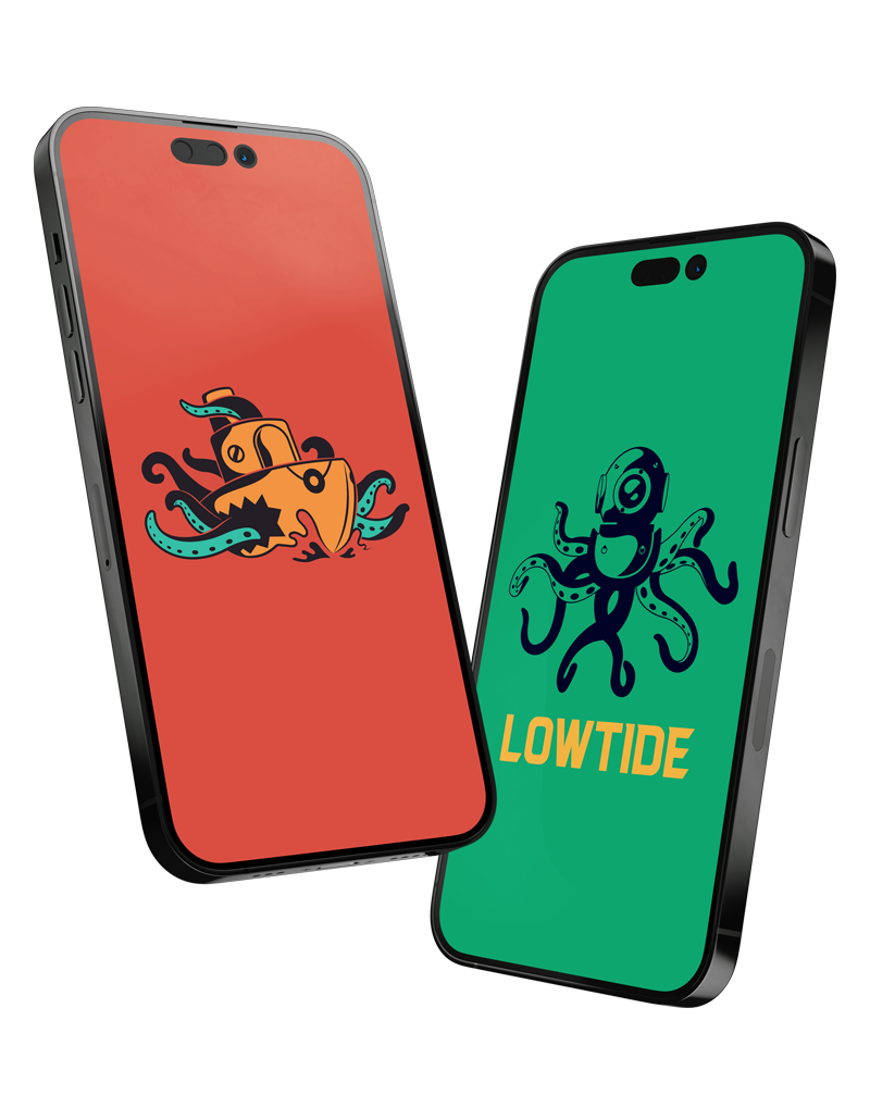Lowtide brand artwork shown as iPhone wallpapers — orange and green