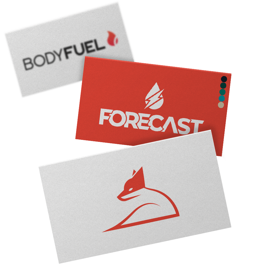 Floating business cards — BodyFuel, Forecast, and the fox mark