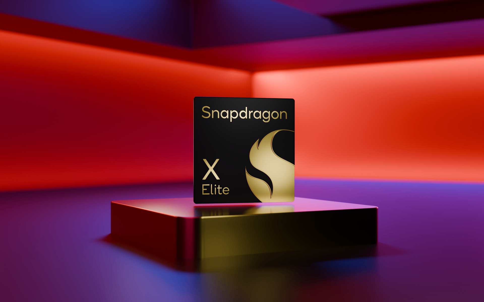 Snapdragon X Elite chip badge in gold on a red pedestal with red and purple lighting