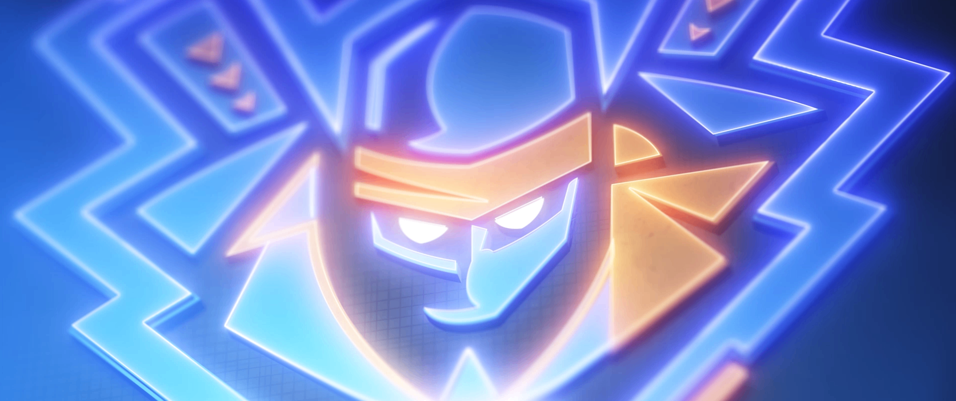 Glowing blue and amber masked character close-up from a film shot by Jeff Hodges