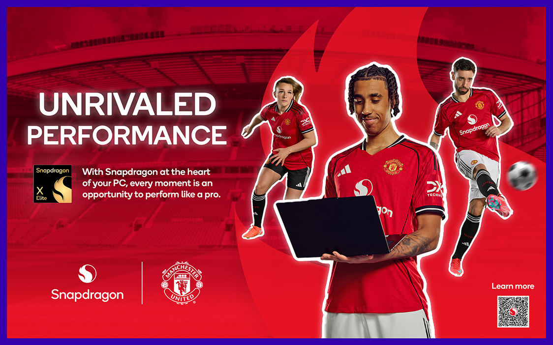 Unrivaled Performance concourse board — evergreen Snapdragon × Manchester United stadium signage featuring Snapdragon X Elite