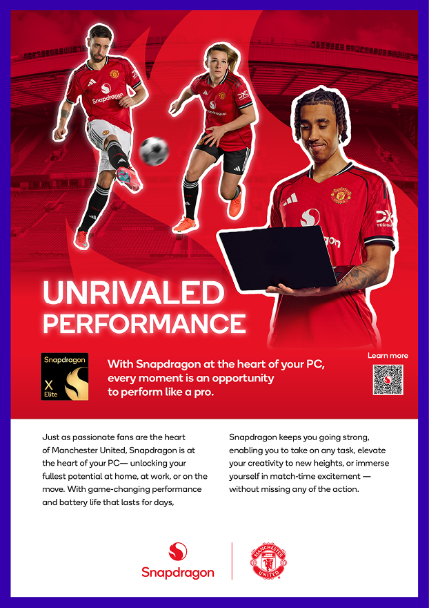 Inside United editorial ad — evergreen Snapdragon × Manchester United print page with Unrivaled Performance headline and supporting copy