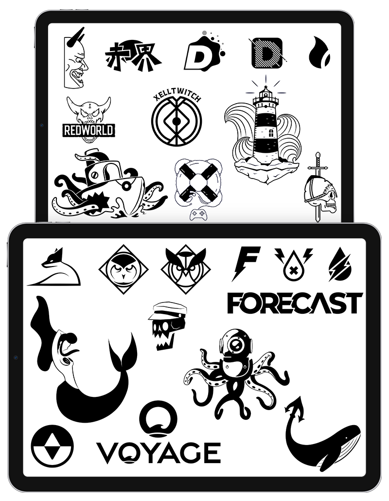 Logo and mark studies across multiple brands shown on two iPads
