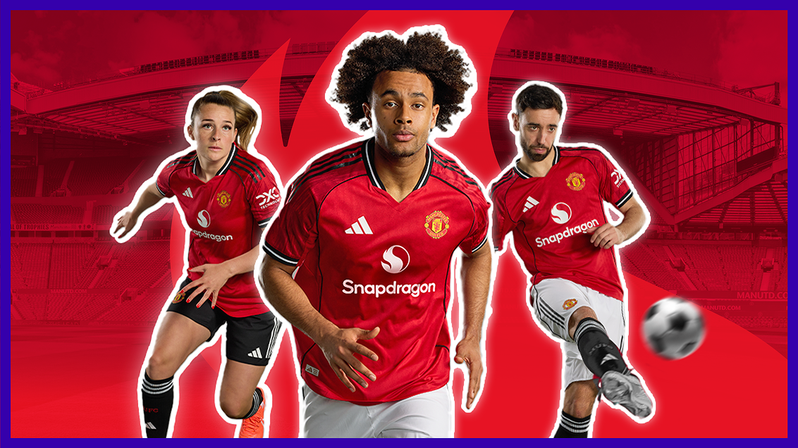 Manchester United × Snapdragon 4K header — Alejandro Garnacho, Ella Toone, and Bruno Fernandes in Snapdragon kit at Old Trafford