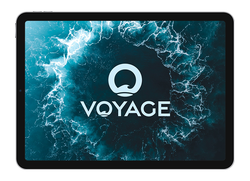 Voyage identity on iPad — wordmark and Q-monogram over churning ocean key art