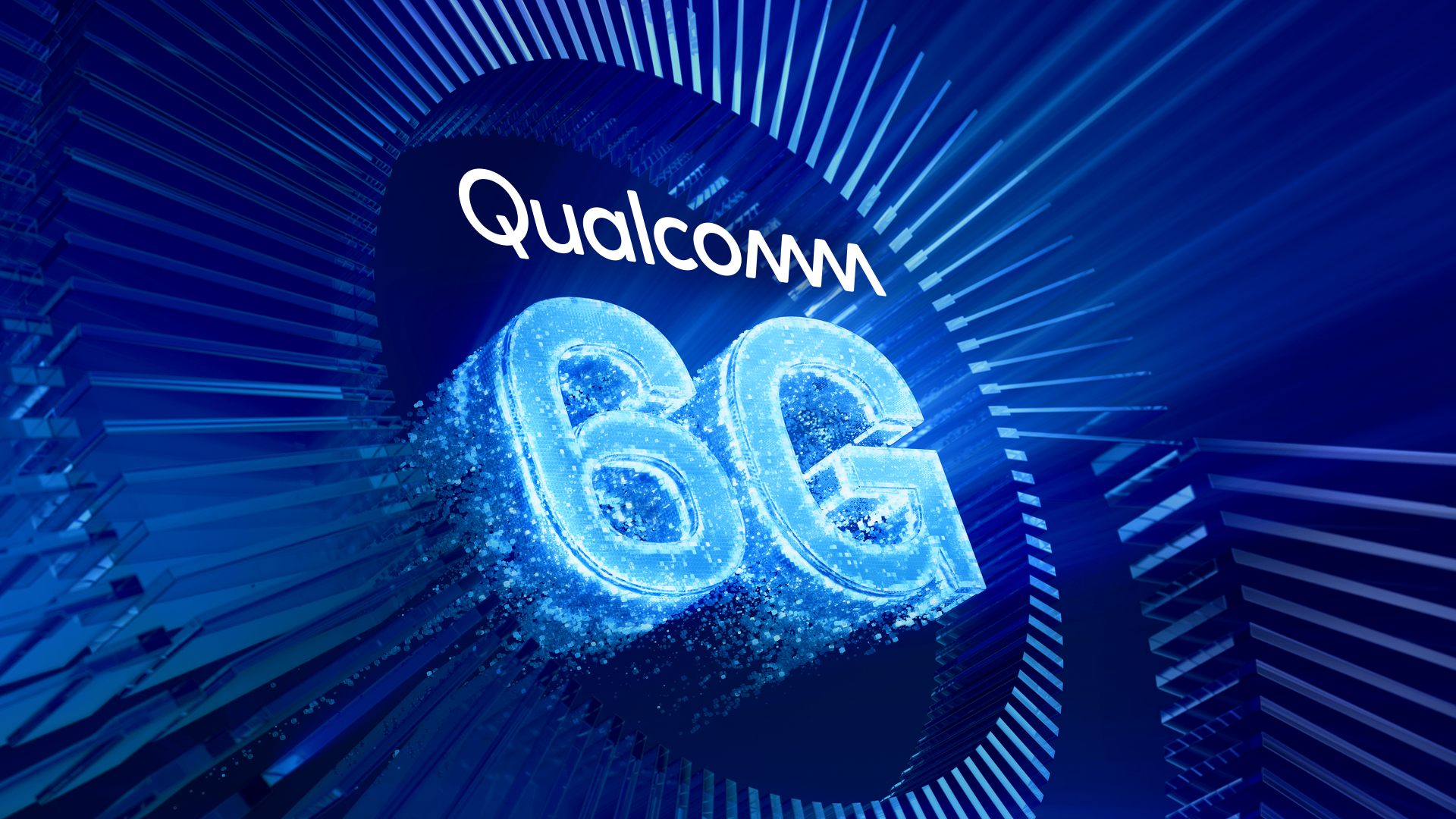 Qualcomm 6G key art — glowing 6G wordmark inside a radiating blue circular environment